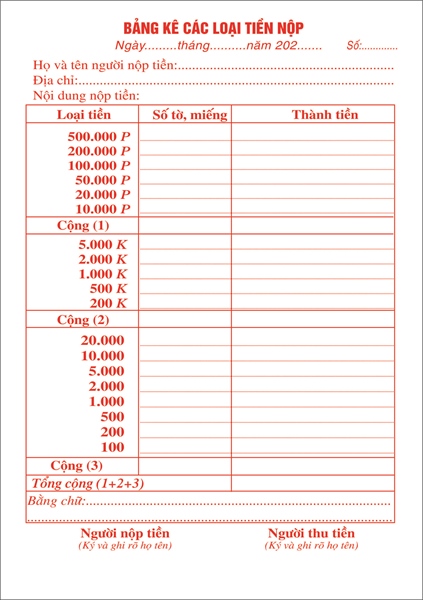 Bảng kê các loại tiền